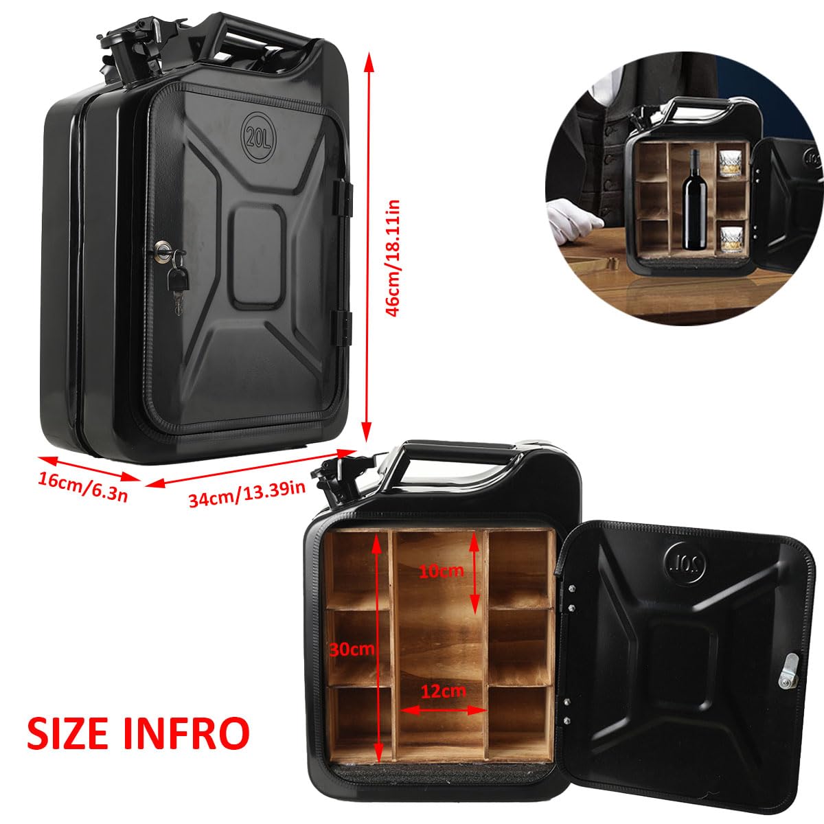 Jerrycan Bar à bidon de 20 l, verrouillable, à 4 compartiments, en métal, noir, cadeau d'anniversaire pour homme, minibar verrouillable, 34 x 46 x 16 cm