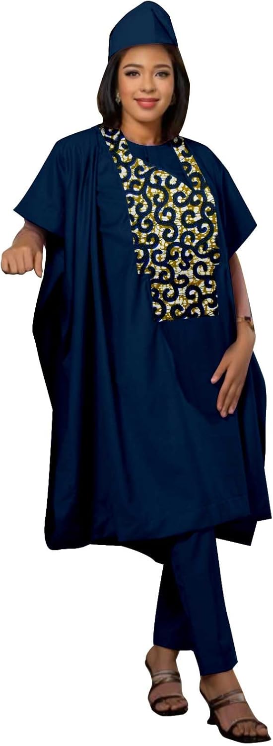 African Clothes for Women Agbada Robes Embroidery Shirts Pants and Hats 4 Piece Set Dashiki Outfits
