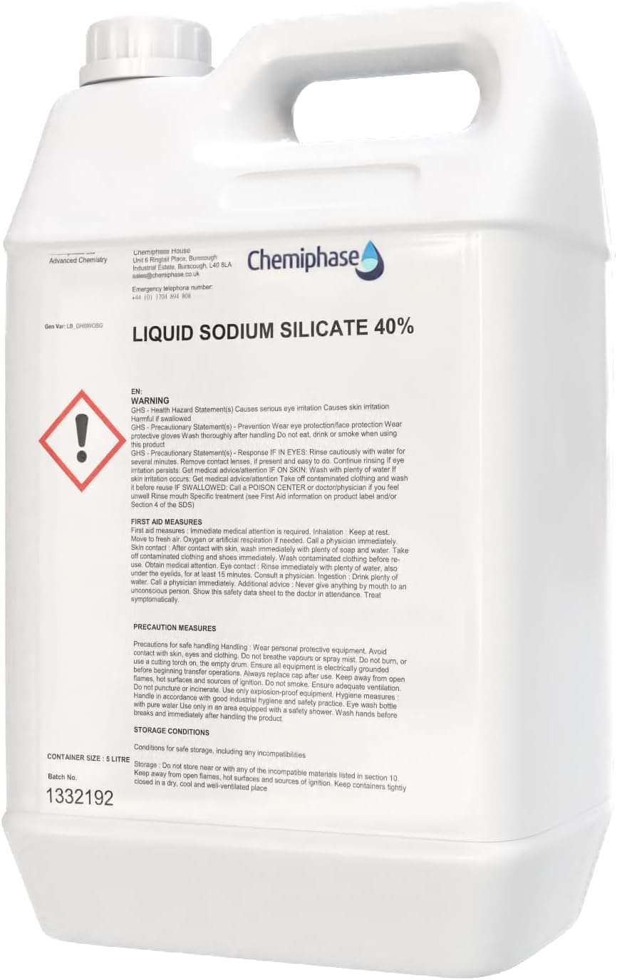 Liquid Sodium Silicate 40% – Water Glass Liquid for Bonding, Metal Repair & Adhesive – High-Temperature Sealer for Automotive & Industrial Use – Perfect for Concrete, 5 Litres