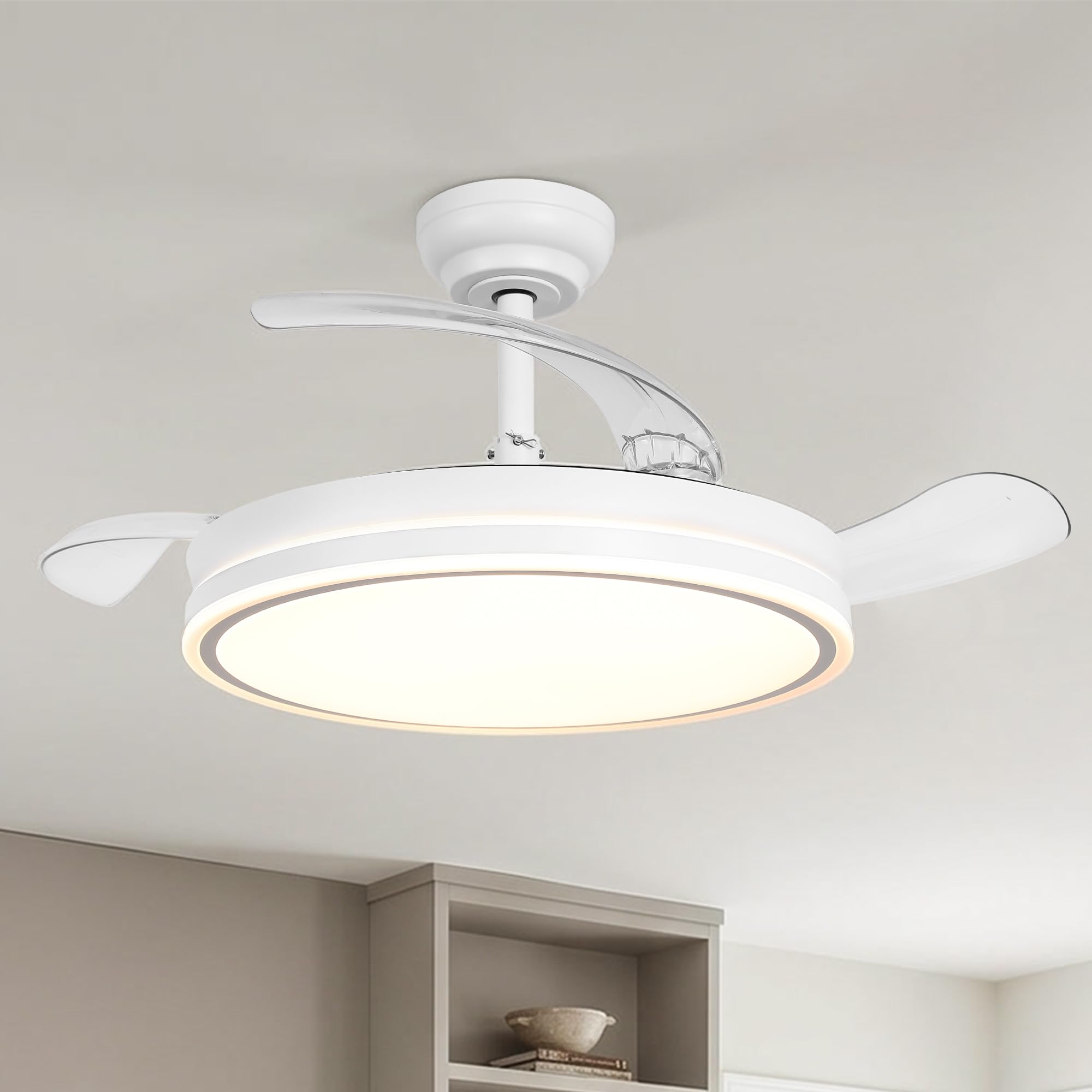 Parrot Uncle Ventilateur de plafond avec Lumiere Silencieux et pales Rétractables, 106 cm 3 pales, 36W, Moteur DC, mode été et hiver, 6 vitesses, télécommande, Blanc-Cercle