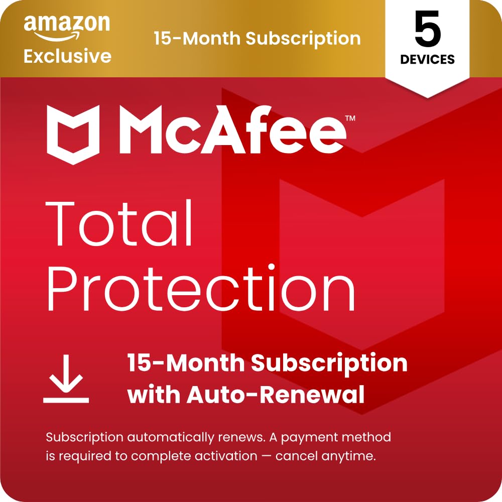 McAfee Total Protection 5-Devices 2026 | Amazon Exclusive| 15-Months| Antivirus VPN Scam Protection Identity Monitoring | 15-Months Subscription with Auto-Renewal | Digital download