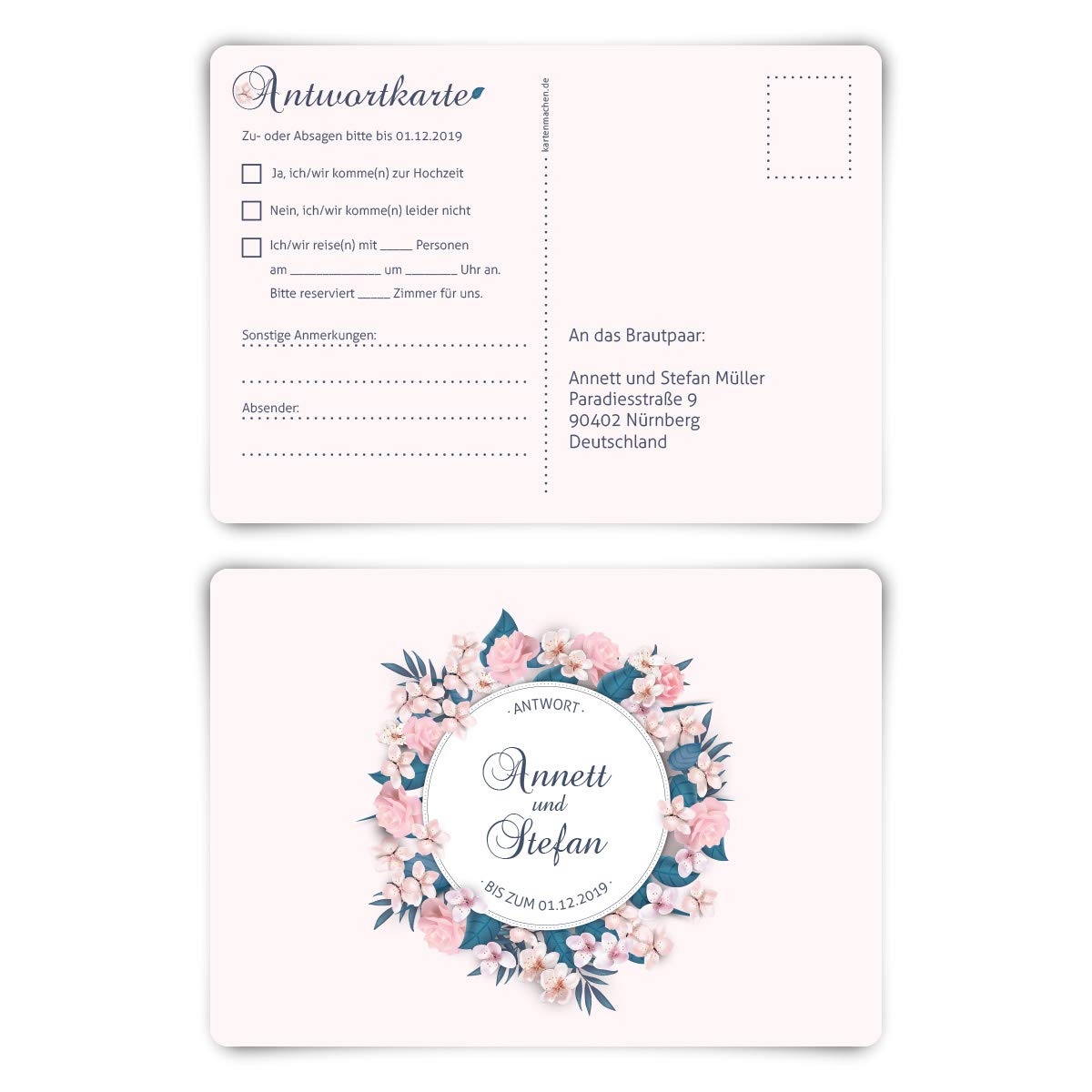 40 x Hochzeit Antwortkarten individueller Text DIN A6 Postkarte - Blumenromantik