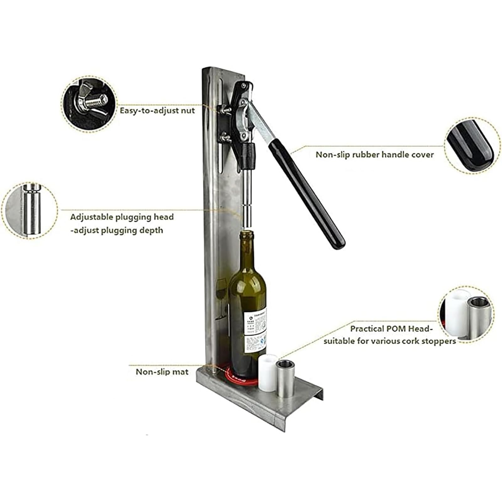 Tapón Corcho Manual Acero Inoxidable, Tapón Corcho para Botellas Vino con 2 Fundas Pom, Altura Apertura La Botella Aproximadamente 8-42 Cm/Rango: Aproximadamente 20-22 Mm Diámetro, para Hogar