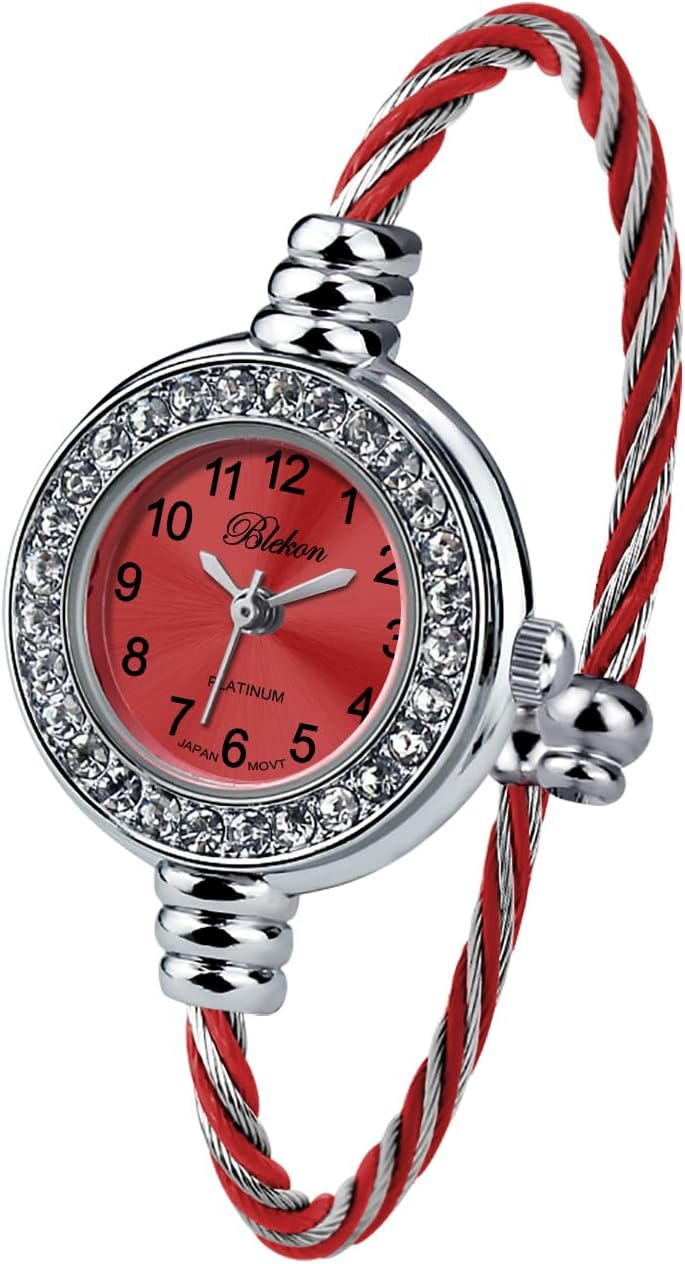 Blekon Collections Women's Cuff Watch - Round Analog Display Arabic Numbers 23mm Case Wire Bracelet Watch for Women Elegant Cable Cuff Bangle Wrist Watch