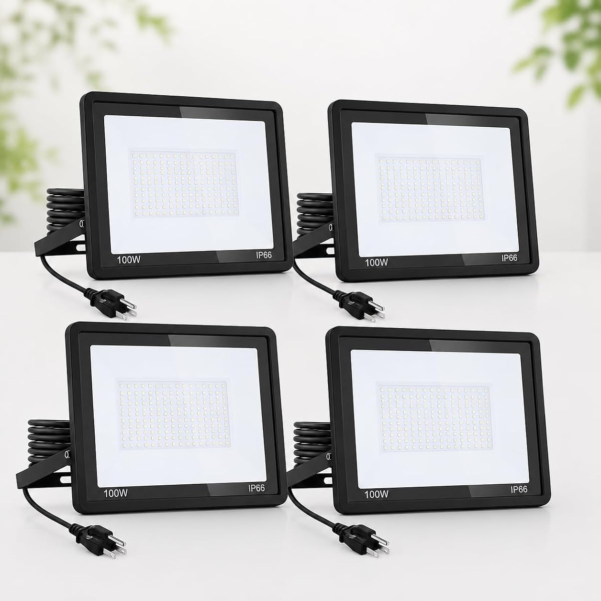 Paquete de 4 luces de inundación LED de 100 W para exteriores, luces de seguridad de 10400 lm, reflector de alto CRI impermeable IP65 | Accesorio de iluminación exterior de bajo consumo para patio trasero, garaje, jardín, cancha y estacionamiento