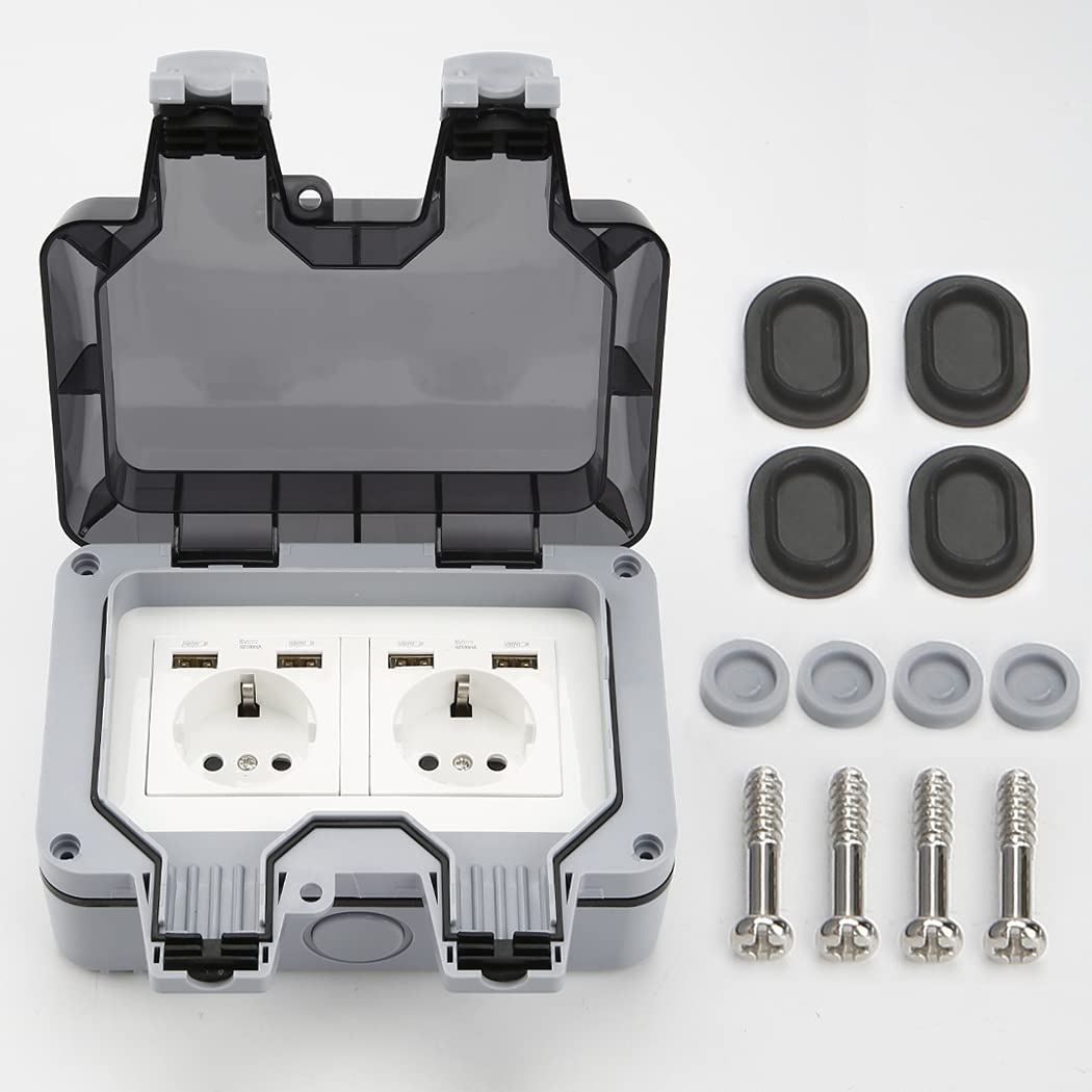 Enchufe exterior con puertos USB, enchufe de jardín, impermeable, IP66, contacto de protección con tapa abatible