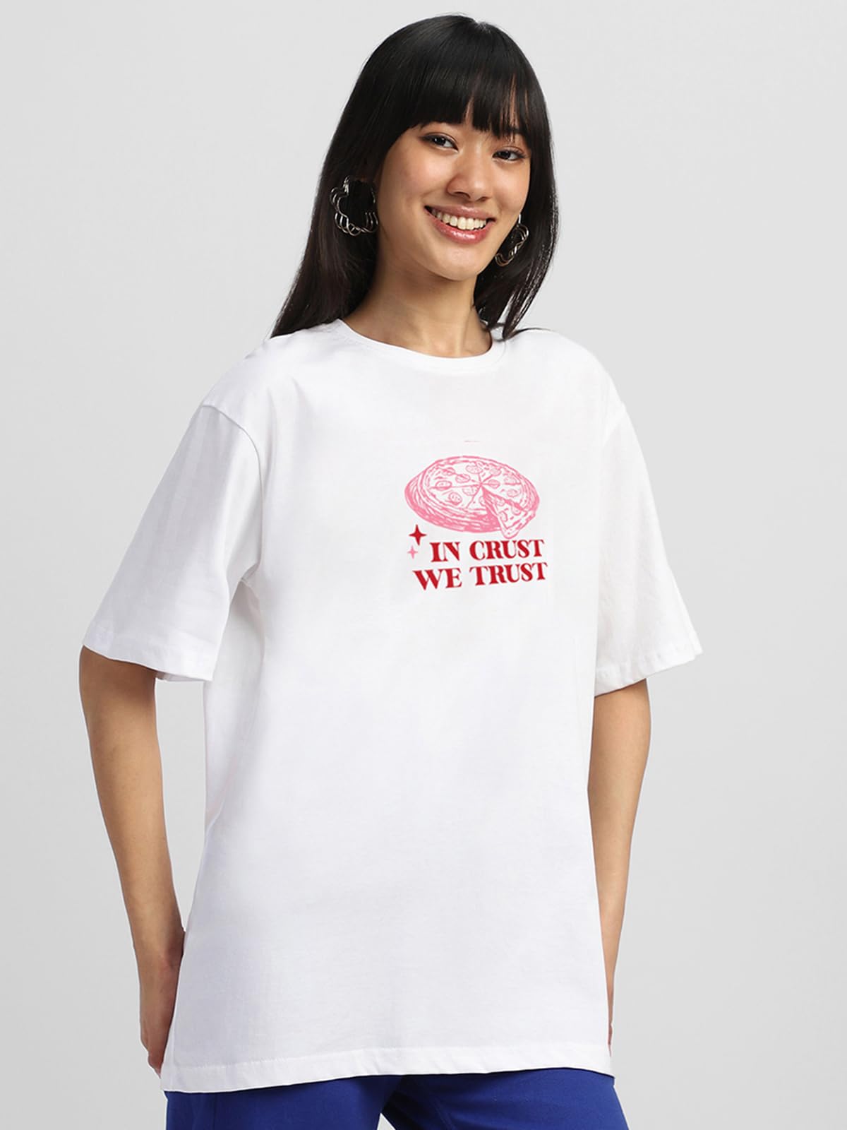 JUNEBERRY Camiseta de algodón 100 % puro de gran tamaño, ajuste holgado frontal y trasero, con estampado gráfico de Slice Society en blanco y negro, cuello redondo, para mujeres y niñas (tallas: S a