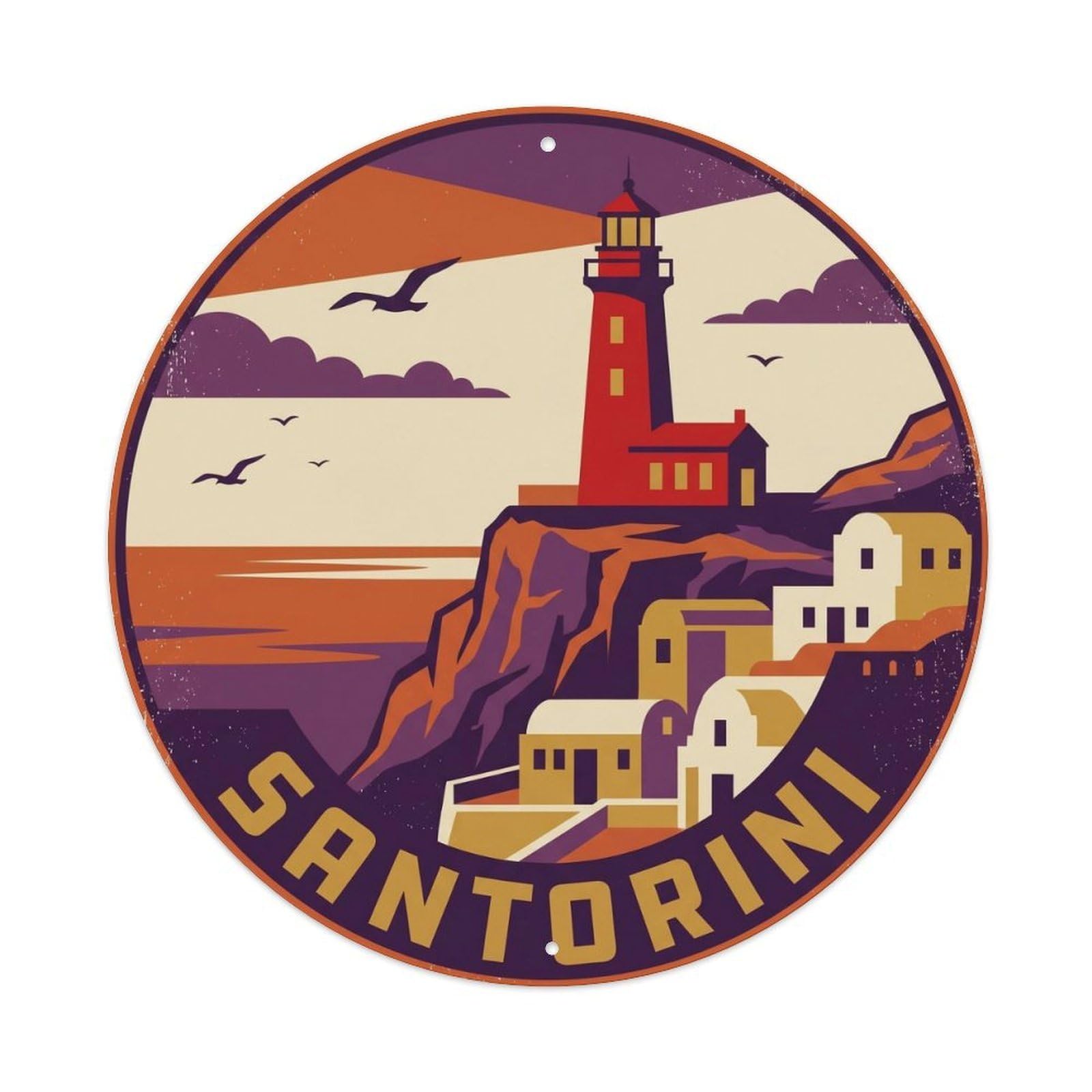 Red Lighthouse Cliff Santorini Greece Cyclades Island Metal Tin Sign