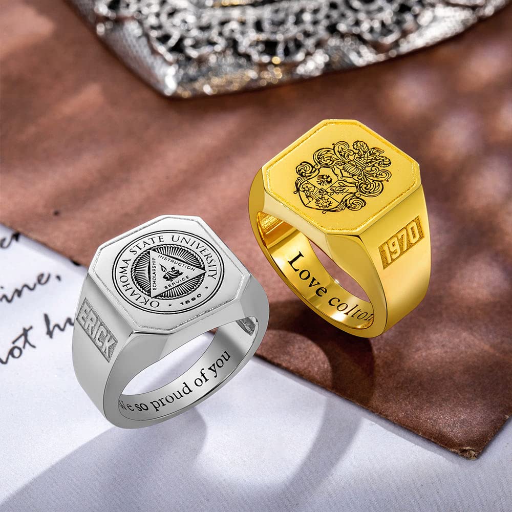 Individueller quadratischer Schul-Logo-/Familienwappen-Ring für Männer und Frauen aus Sterlingsilber 925 mit personalisiertem Bild, Text oder Namen. Siegelringe für Absolventen, Väter und Ehemänner