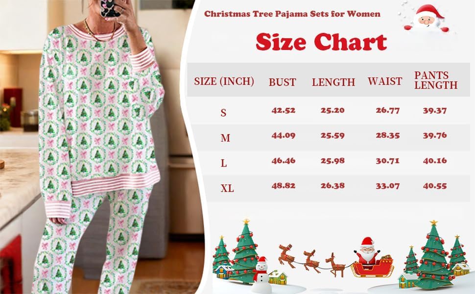 Christmas Pajamas for Women Cute Bow Christmas Tree 2 Piece Lounge Set Contrast Striped Banding Pajama Sets - Image 8