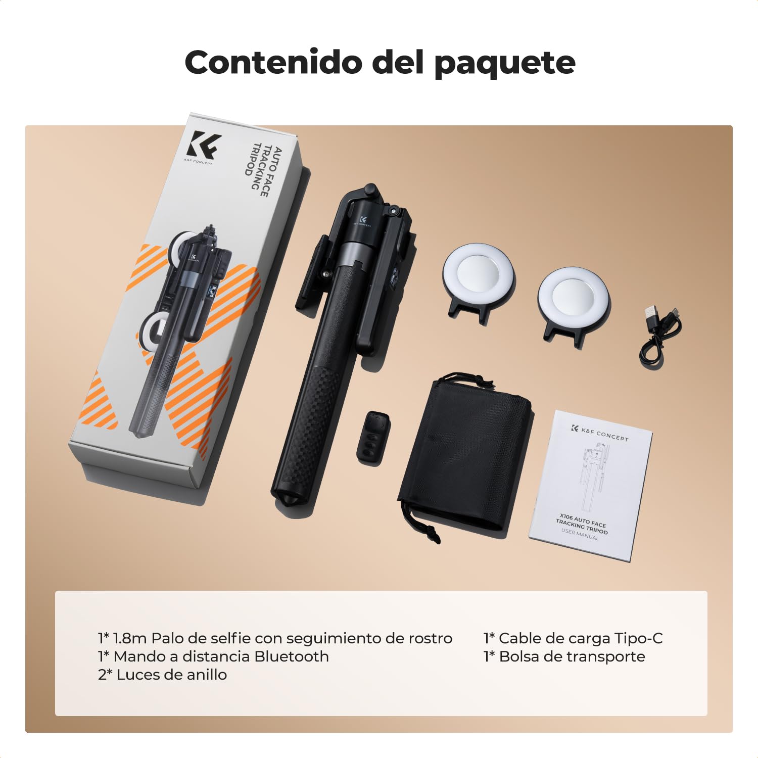 K&F CONCEPT Palo Selfie 180CM, Adaptado para dji OSMO Pocket 4&3/Luna Ultra, Trípode de Seguimiento AI 360°, Despliegue Automático y Plegado Rápido, 2 Anillos de Luz, 7 en 1 para Video/Vlog/Live