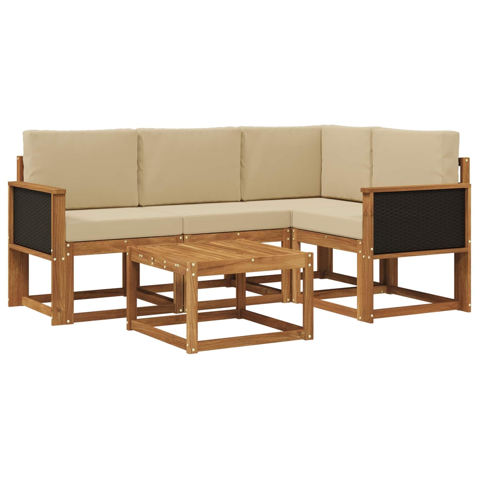 Outdoor-Sofagarnitur 5-teilig mit Kissen Natur Beige Polyester, Akazienholz Möbelset für Garten Terrasse, modulare Sitzgruppe mit Tisch und Sofas, wetterfest, komfortabel und langlebig