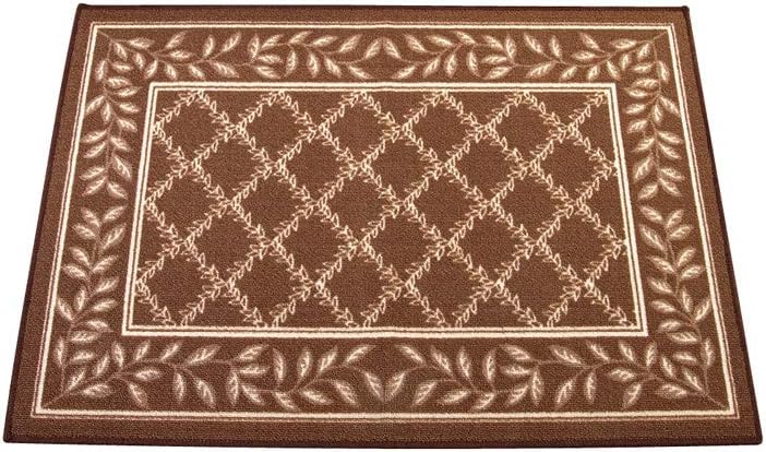 Collections Etc Two-Tone Lattice Rug with Leaf Border with Skid-Resistant Backing, Home Decor and Floor Protection, Chocolate, 24" X 36"