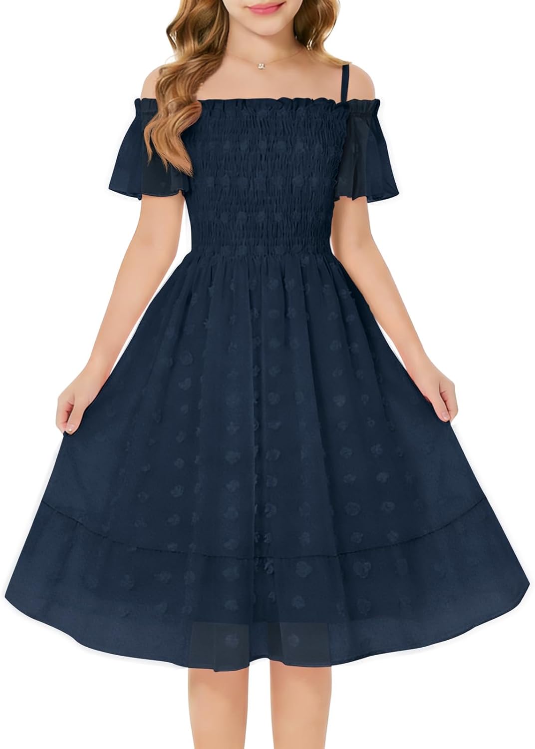 Girls Summer Dresses Kids Off Shoulder Flutter Sleeve Swiss Dot Formal Party Smocked Dress 5-14 Years