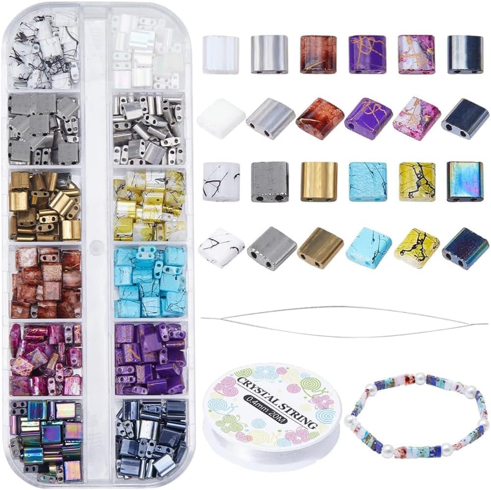 CREATCABIN 480Pcs 2 Hole Tila Beads Kit 12 Colors Mix Glass Seed Beads Bulk Rectangle Mini Opaque Square with Beading Needles Elastic Thread for Craft Bracelet Necklace Earring DIY Jewelry Making 5mm