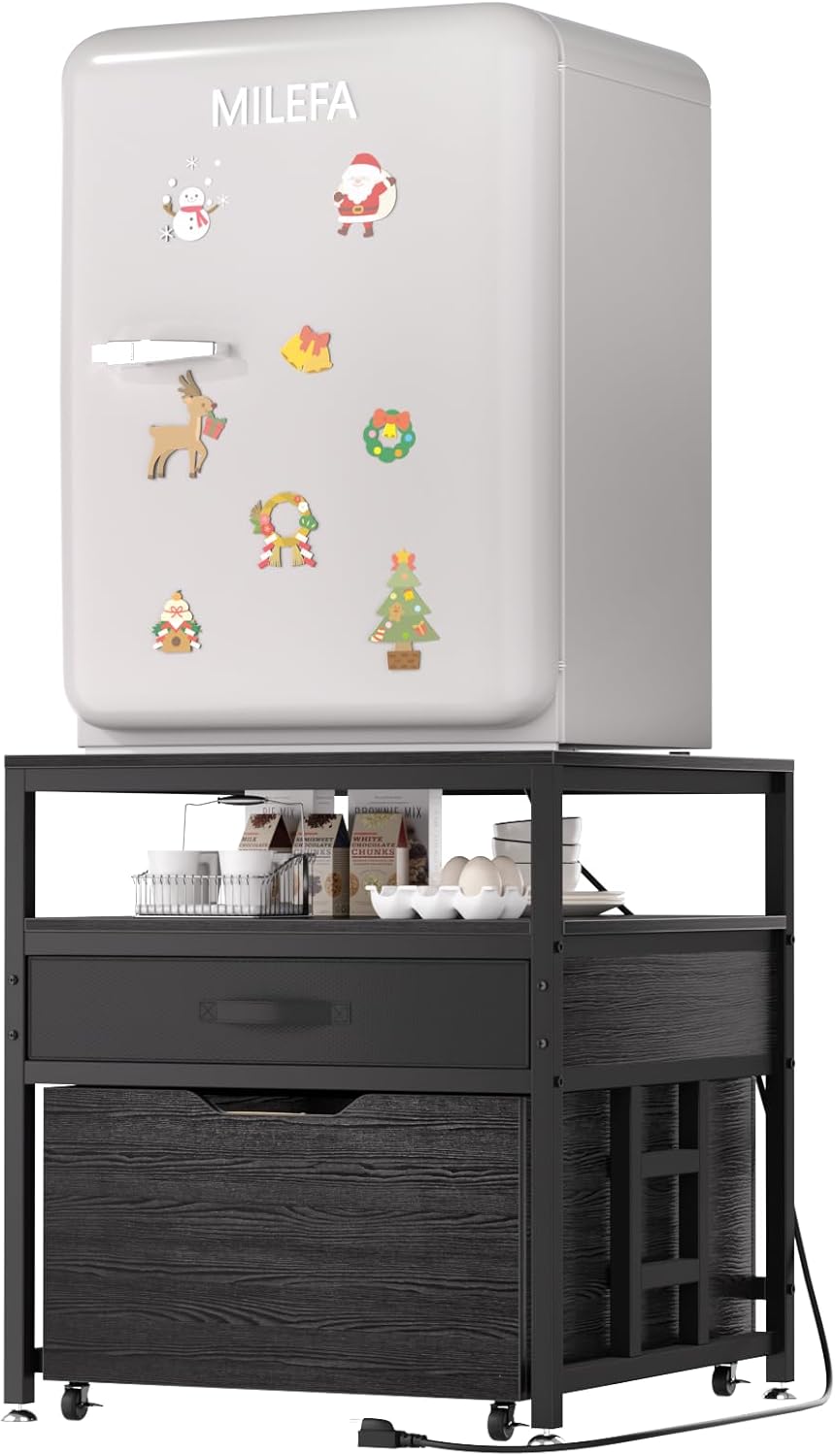 Mini Fridge Stand with Power Outlet and Drawers，Mini Fridge table with Storage，Mini Fridge Shelf with Removable Pull-Out Basket，for Dorm, Ａpartments，Kitchen Area, Black