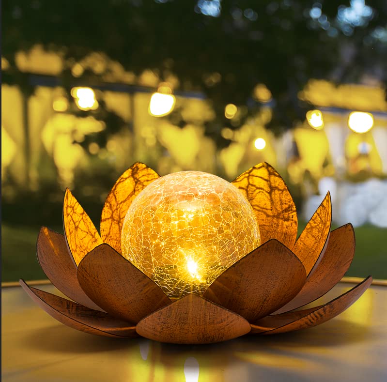 Solar Light Outdoor(2Pack), Art Crackle Globe Glass Lotus Decoration, Solar LED Waterproof Metal Flower Lights for Patio,Lawn,Walkway,Tabletop