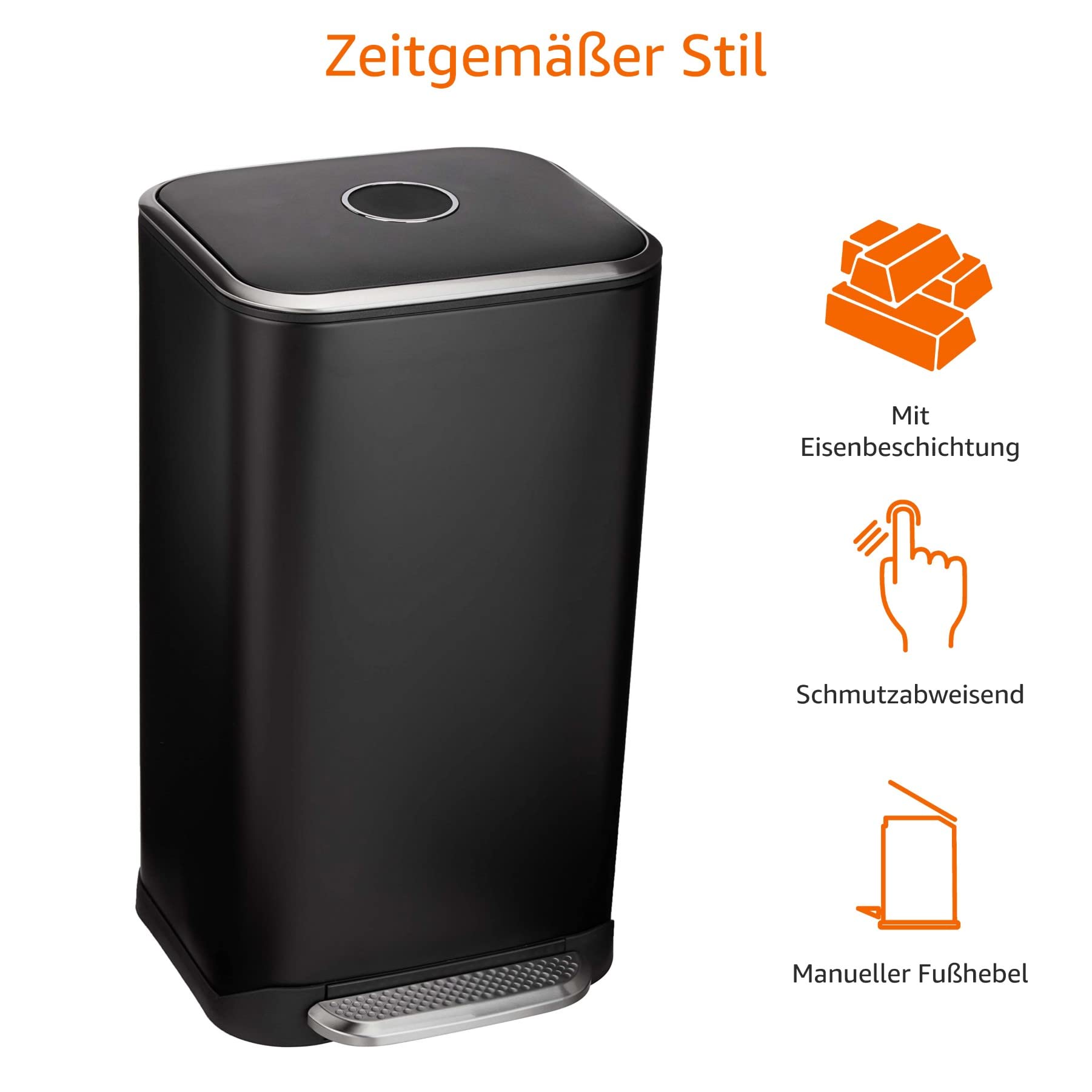 Amazon Basics Rechteckig Mülleimer mit Stahlrohrpedal - Sanft Schließend mit Deckel, für Küche oder Büro, 32 l, Schwarz