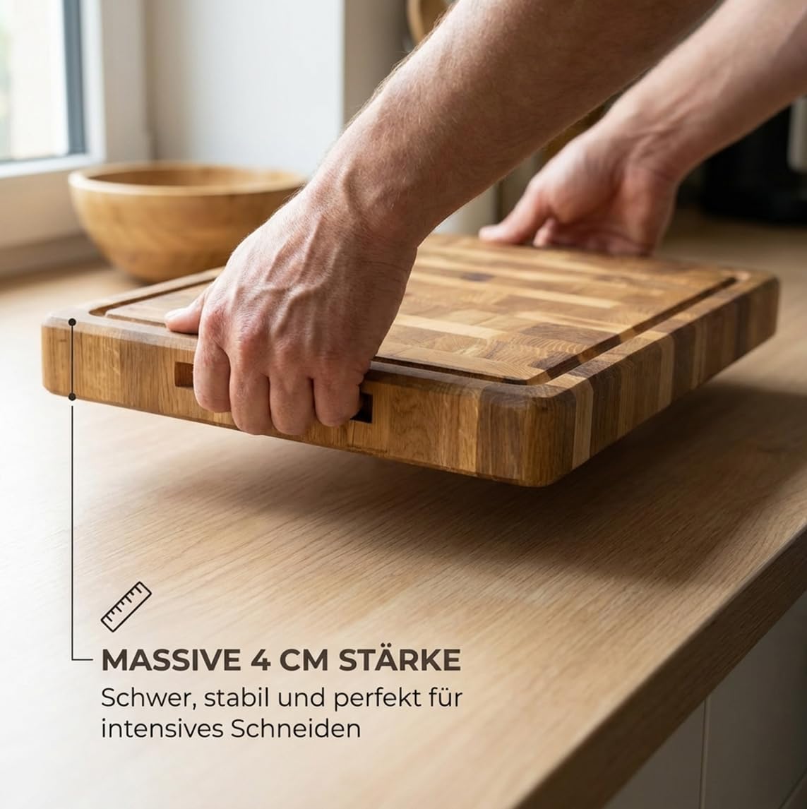Massives Stirnholz Schneidebrett aus Eiche 44x29x4 cm – Extra Dickes Hackbrett mit Saftrille, Profi Küchenbrett für Fleisch, Holz Schneidebrett
