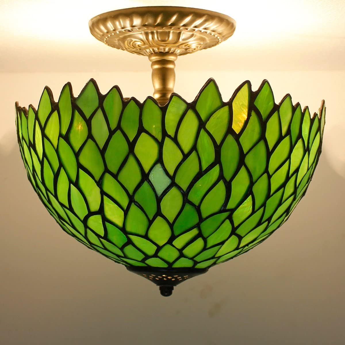 Lіmіtеd Stосk Tiffany Ceiling Light Fixture Semi Flush Mount 12 Green Stained Glass Wisteria Cover Shade Close to Island Boho Hanging Lamp Decor Bedroom Kitchen Dining Living Room Indoor Entry Hallway WERFACTORY