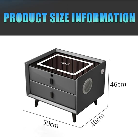 Nightstand with Charging Station,with Fingerprint Lock Smart Nightstand,Three-Drawer Bedroom Side Table with Speakers and Smart Sensor LED Lights,Modern Nightstand,Gray,2 Drawers