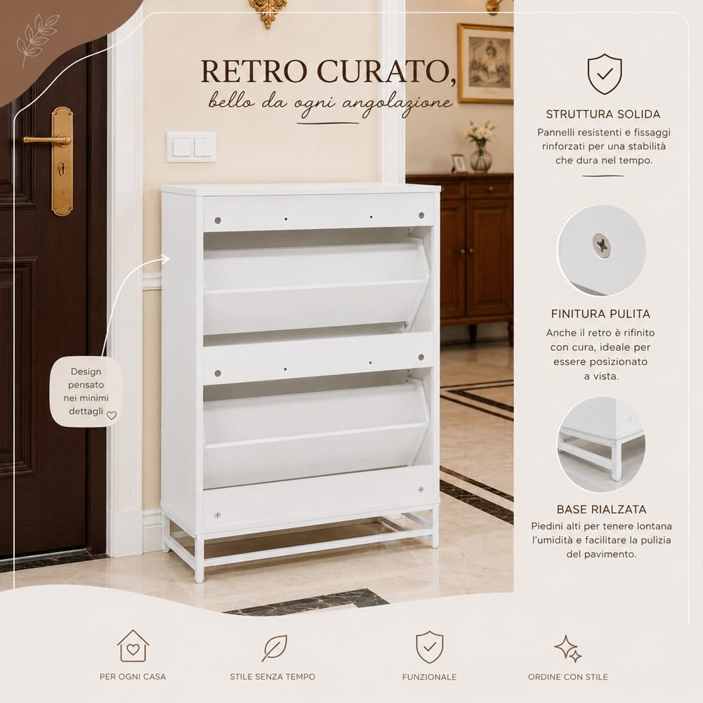 Shally Dogan Scarpiera 2 Ante Ribaltabili con Doppio Fondo, Mobile Porta Scarpe Bianco Salvaspazio con Maniglie Effetto Pelle Moderno, Ideale per Ingresso, Camera da Letto, Soggiorno, 63 x 24 x 90 cm