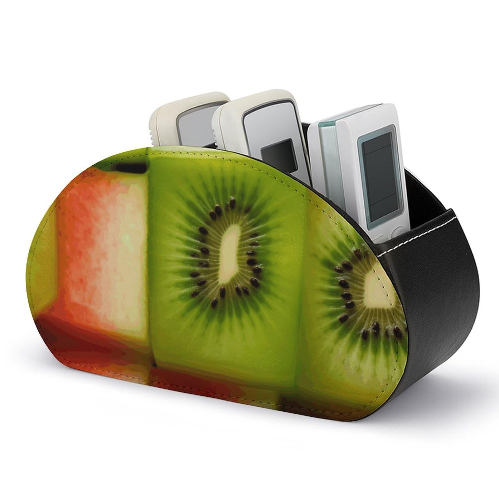 JTREHY Kiwi Watermelon Remote Control Holder with 5 Compartments Pu Leather Remote Caddy Box Multi-functional Deskt Holders Organizer Box Tray Bedside Table Storage Organizer