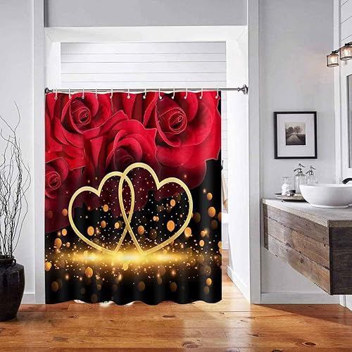 Miniatura 3 de GURETER YLXTGU137 - Cortina de ducha para el día de San Valentín diseño de corazón dorado juego de cortina de ducha romántica 12 ganchos impermeable