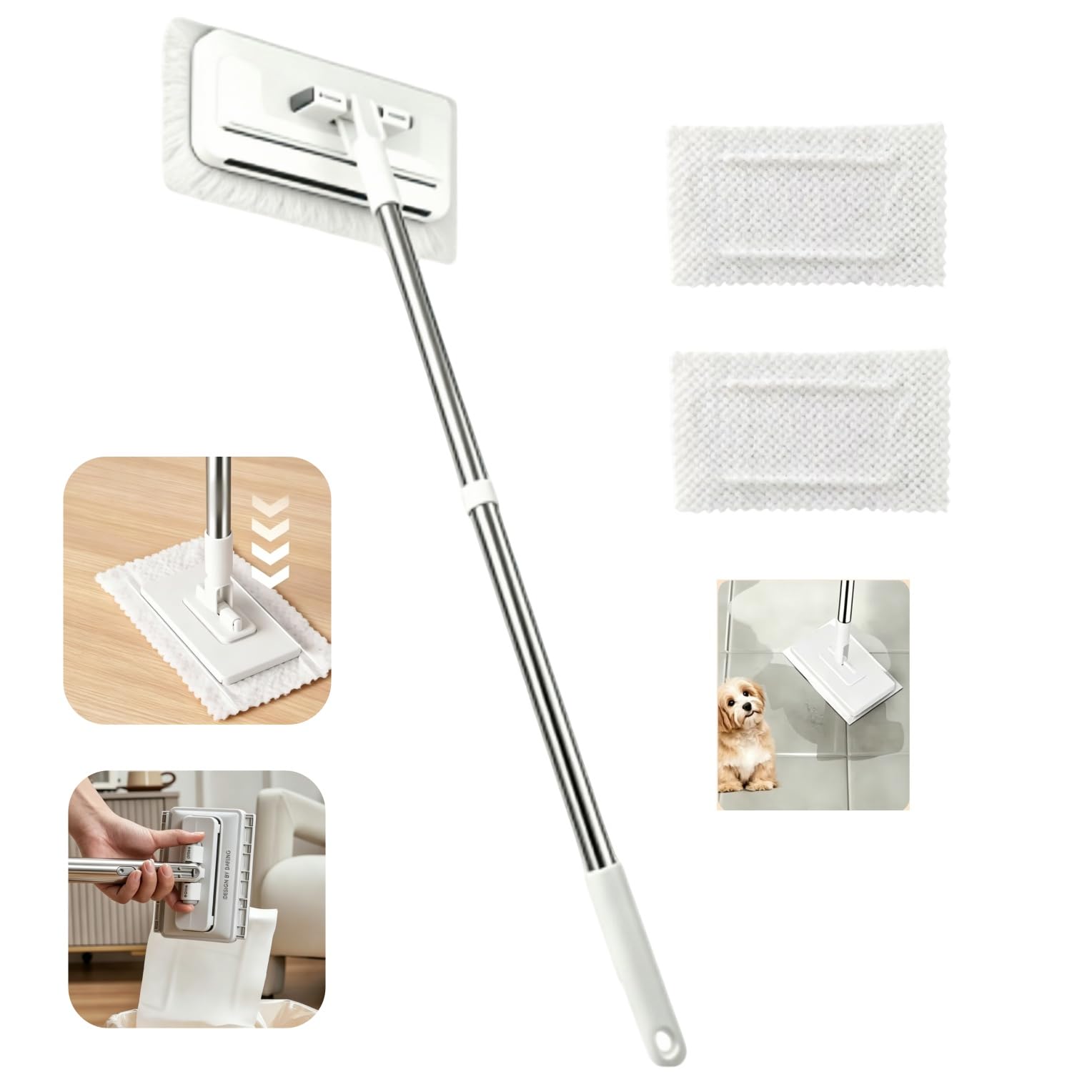 Hooha Set lavapavimenti in microfibra con panno di bloccaggio automatico, smontaggio automatico premendo un pulsante, cambio con 1 pulsante, mocio senza lavaggio delle mani, adatto per casa, ufficio e