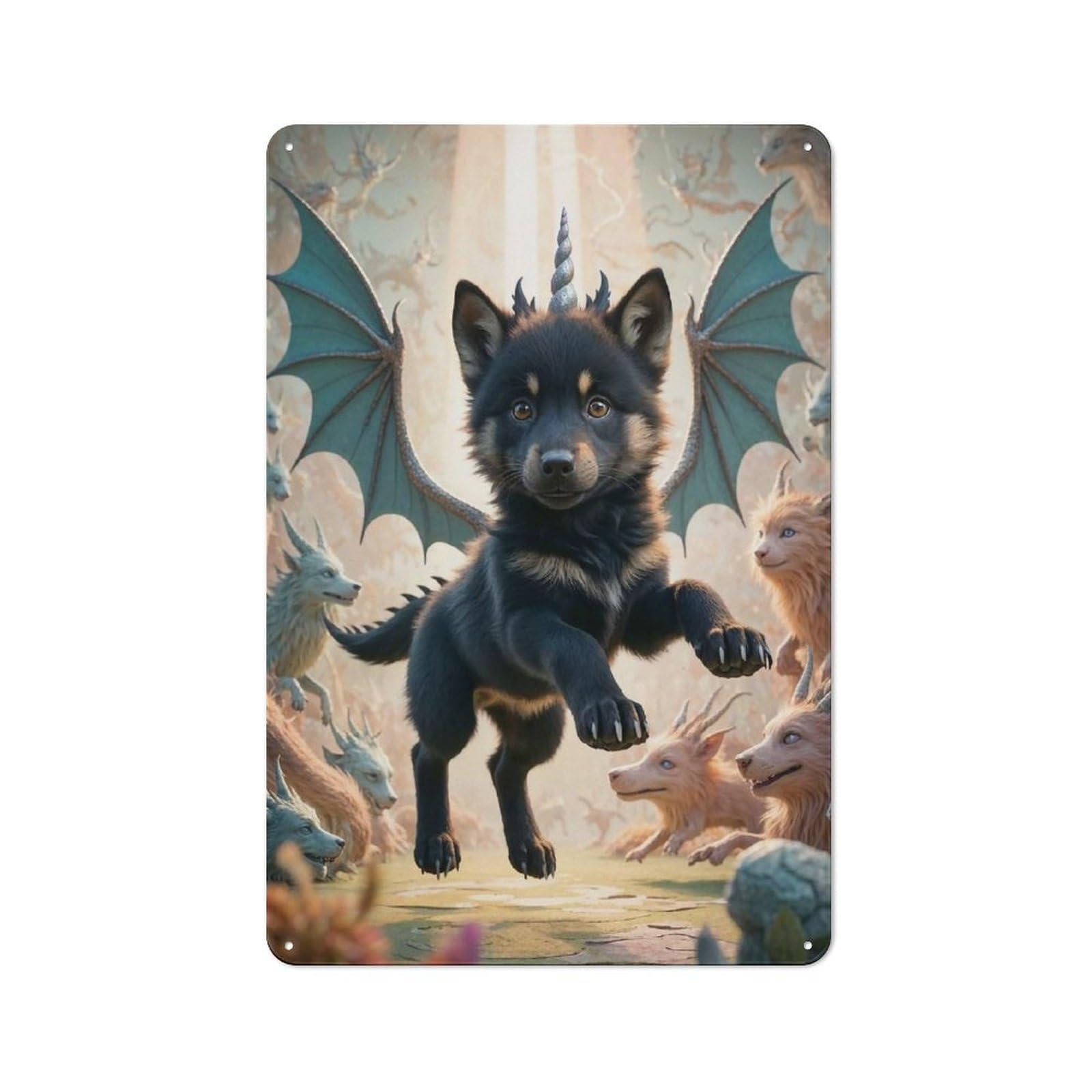 Junmoney Black Wolf Dragon Puppy Printed Metal Sign 30X20cm For Guest Room Or Hallway, Suited To Home Decor Collectors