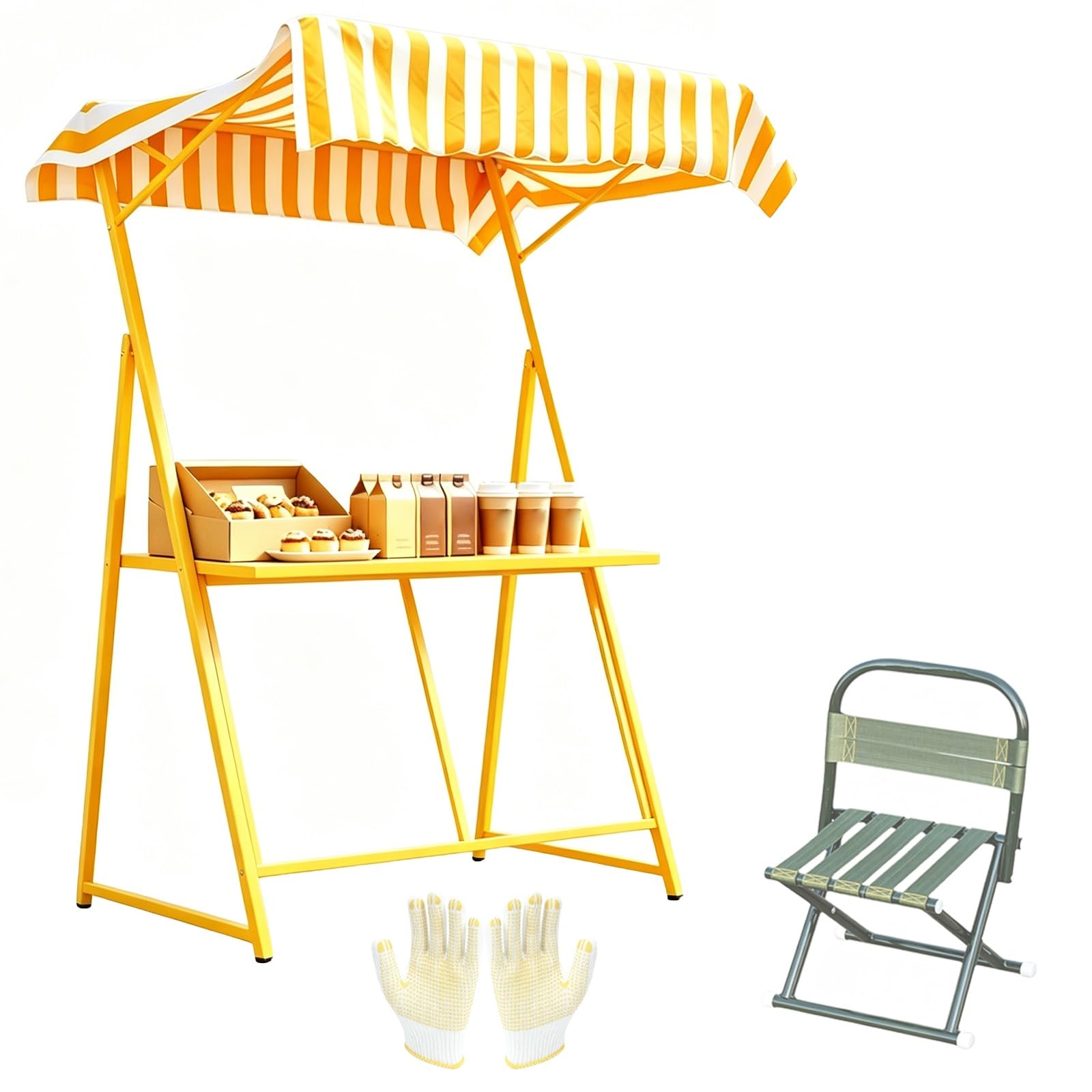 Carrello Venditore Portatile con Tenda e Sedia, Banco Commerciale per Mercato All'aperto, Chiosco Alimentare per Eventi e Barbecue(Red)
