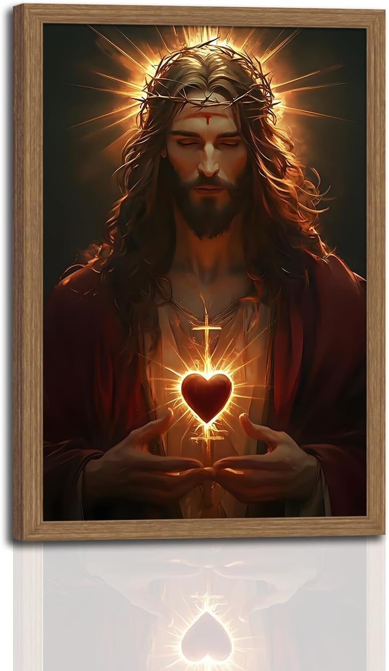 Framed Sacred Heart of Jesus Canvas Wall Art Christian Religious Wall Decor with Crown of Thorns Catholic Faith Artwork for Living Room Bedroom Church Prayer Room Ready to Hang 12x16in