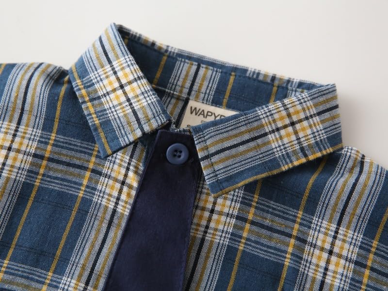 Boys Button Up Henley Shirt Plaid Solid Short Sleeve Summer Casual Formal Uniform Dress Shirts Tees Tops with Tie (Navy,18 Months)