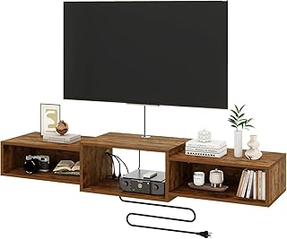 IBUYKE Floating TV Stand Wall Mounted with Power Outlet,Wood Wall Mounted Media Console Shelf,Floating