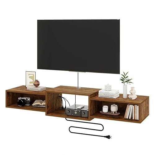 IBUYKE Floating TV Stand Wall Mounted with Power Outlet,Wood Wall
