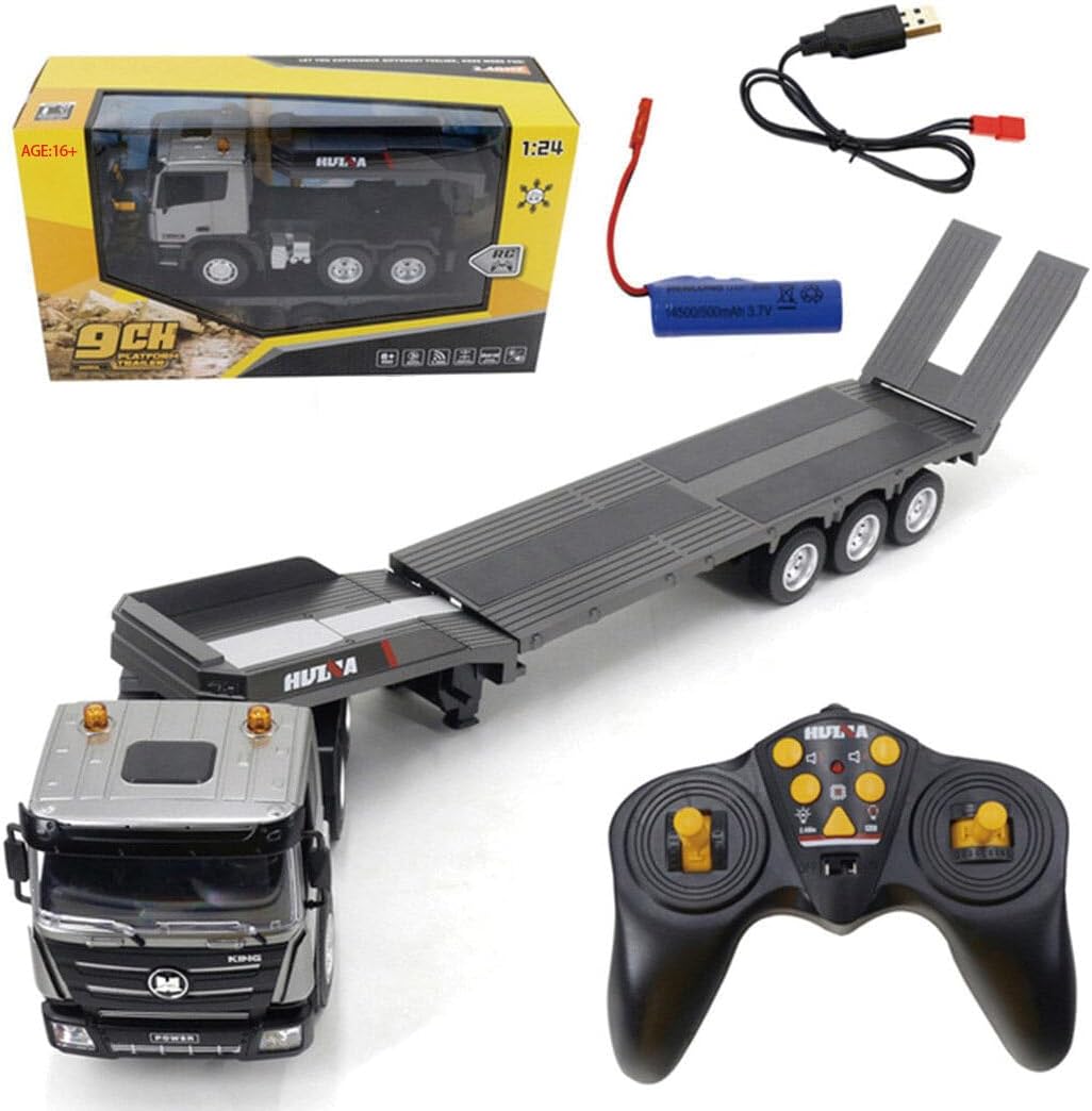 1/24 Scale Remote Control Flatbed Trailer Truck, 2.4GHz 9-Channel RC Construction Vehicle Model with Sound & Light, Gift for Teens and Adults - RTR