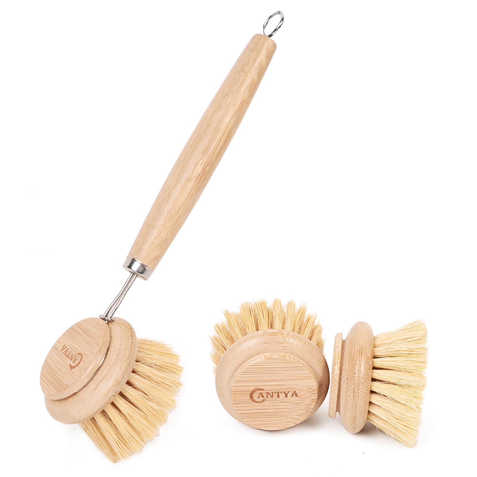 Bamboo Scrub Brush with Handle - Soft Bristles Non Toxic Dish Brush Compostable &amp; Biodegradable Bamboo Dish Scrubber for Cookware Bowls and Plates Non-Stick Pans