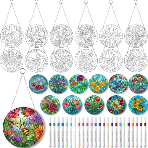 Humyoun 36 Pcs Flower Suncatchers Crafts Kit DIY Window Paint Art Stained Glass Painting Craft Kits for Activities 24 Acrylic Markers and 12 Suncatchers for Adults Home Decor Creative Projects