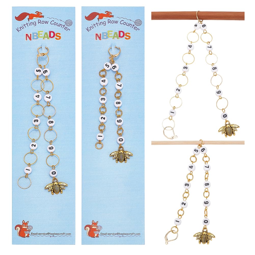 NBEADS 2 Pcs 2 Styles Bees Charm Knitting Row Counter Chains, 0~9 Number Stitch Markers Acrylic Beads Crochet Stitch Marker Charms for Knitting Weaving Sewing Quilting Handmade Jewelry