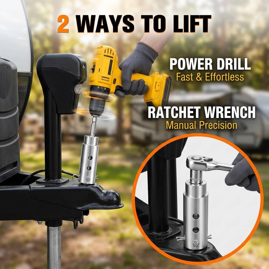 Trailer Jack Drill Adapter, Stainless Steel Trailer Jack Electric Drill Adapter, 1 Inch Drive Shaft with 1/2 Inch Socket Bit, Universal Power Tool for RV, Campers, Dump Trailers Projects
