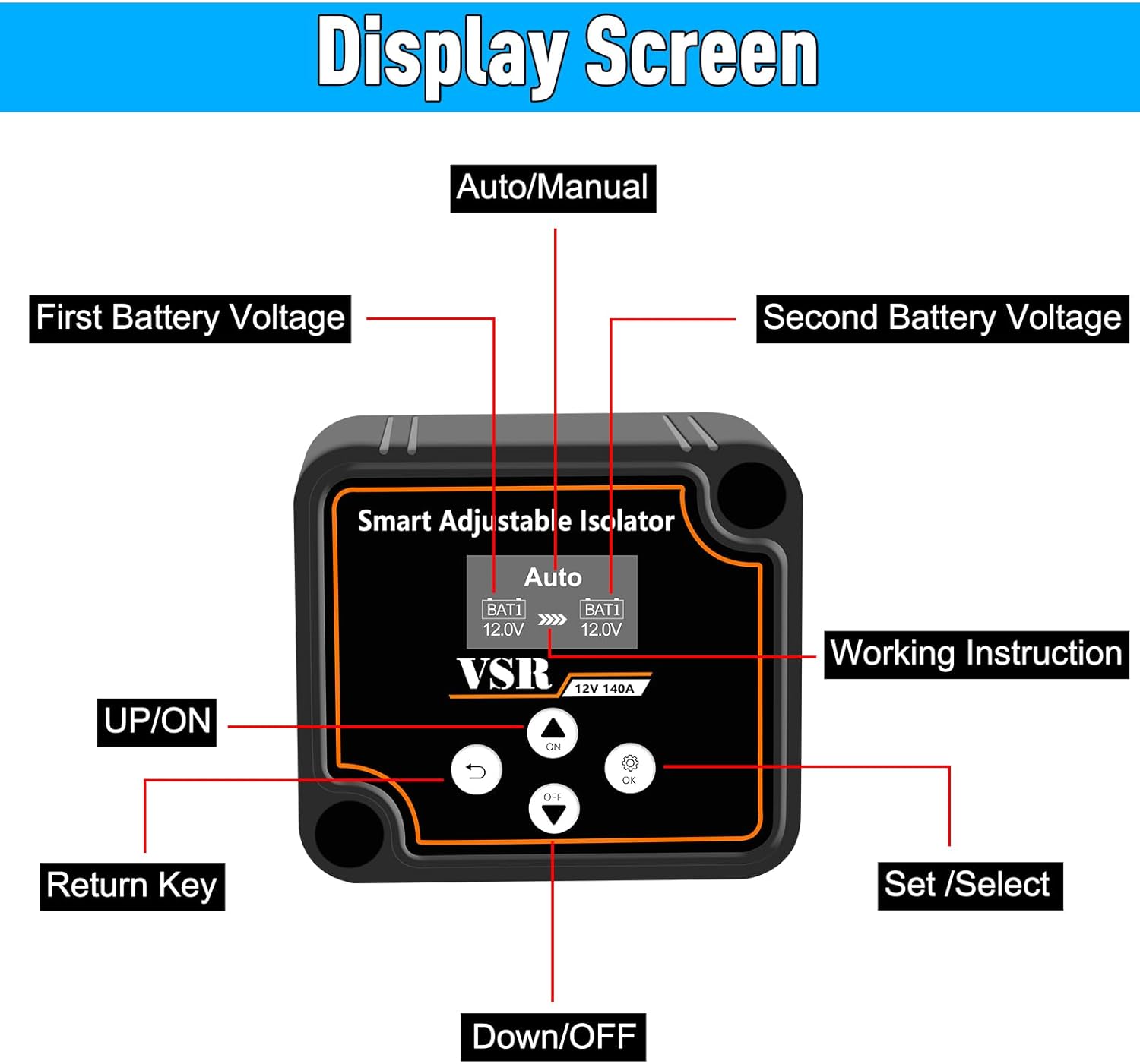 Dual Battery Isolator 12V 140 Amp Dual Battery Isolator Automatic Charger, Voltage Sensitive Relay (VSR), Adjustable Smart Battery Isolator Kits for Truck Marine UTV ATV RV Boat Camper