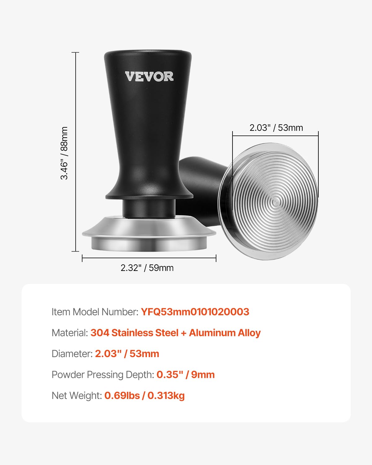 VEVOR Pressino per Espresso Manuale da 53 mm Tampone da Caffè a Molla 13,6 kg con Forza Stabile, Tamper per Caffè in Acciaio Inossidabile e Lega di Alluminio con Manico Testurizzato Antiscivolo