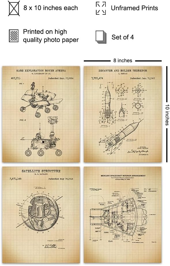NASA Space Exploration Patent Art Prints - Vintage Wall Art Poster Set - Chic Modern Home Decor for Kids Room, Man Cave, Office, Den - Great Gift for Boys, Men, Science Fans - 8x10 Photos - Unframed