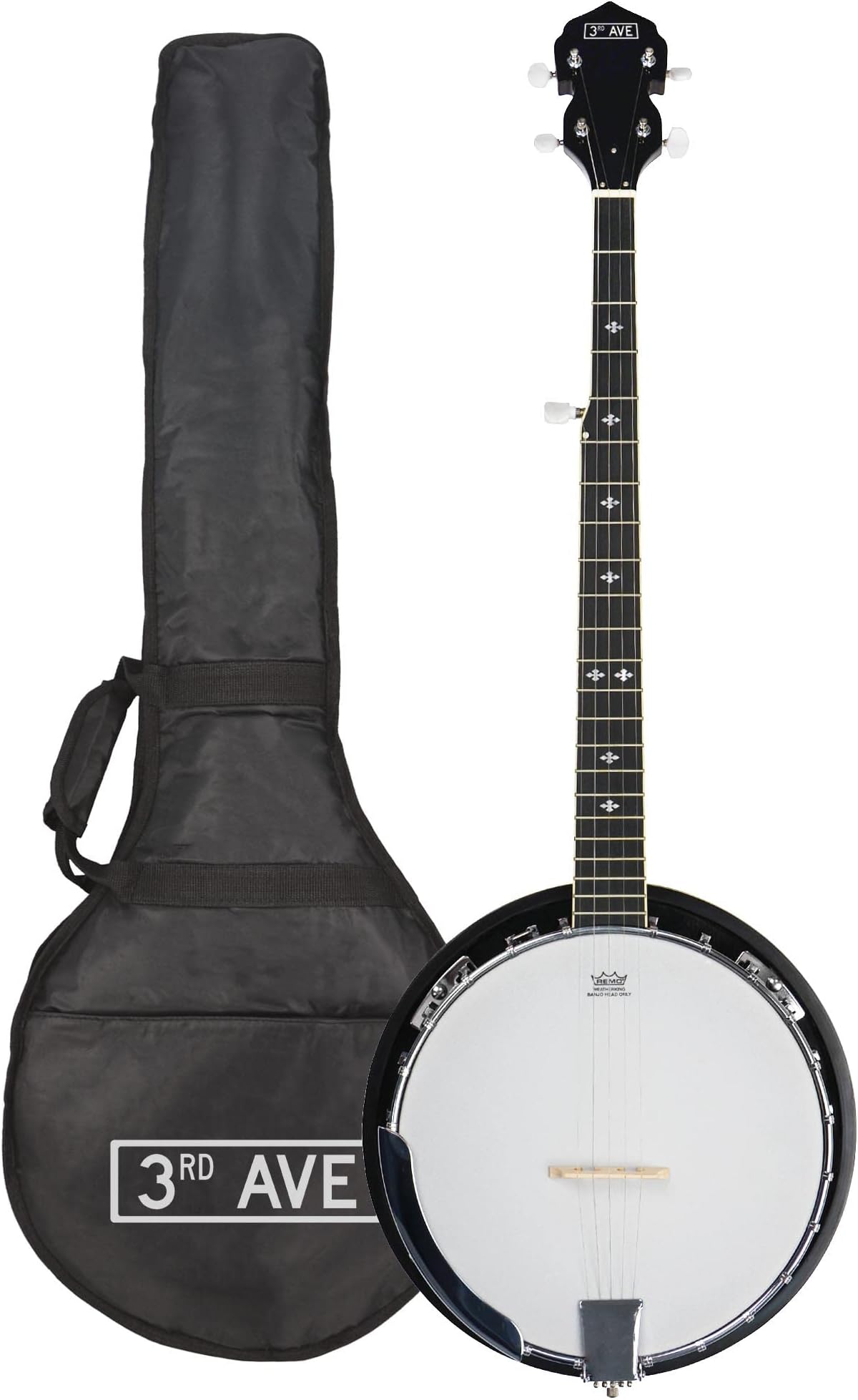 3rd Avenue Western 5 String Banjo with Remo Head Closed Solid Back with Gig Bag BJW01, Brown