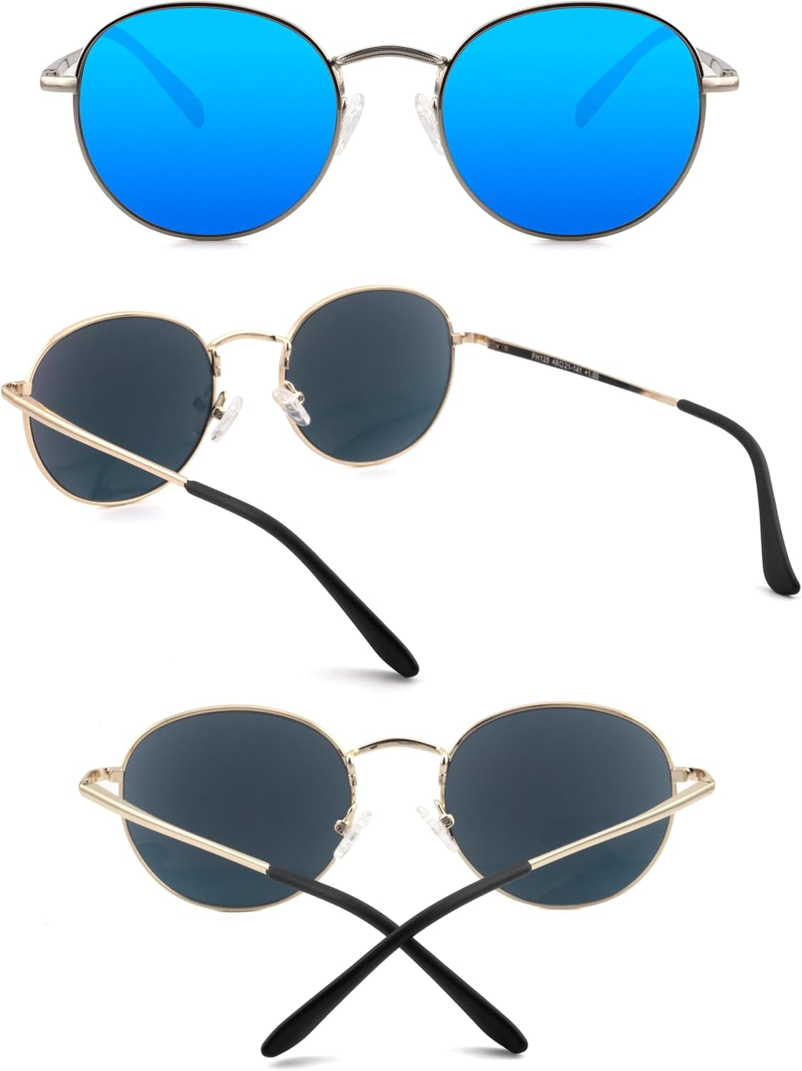 Round Full Reading Sunglasses Women Men, Mens Womens Sun Readers Metal Circle Frame Mirrored Pink Blue NON BIFOCAL Silver Frame Mirrored Blue Lenses, 3.00 - Image 6