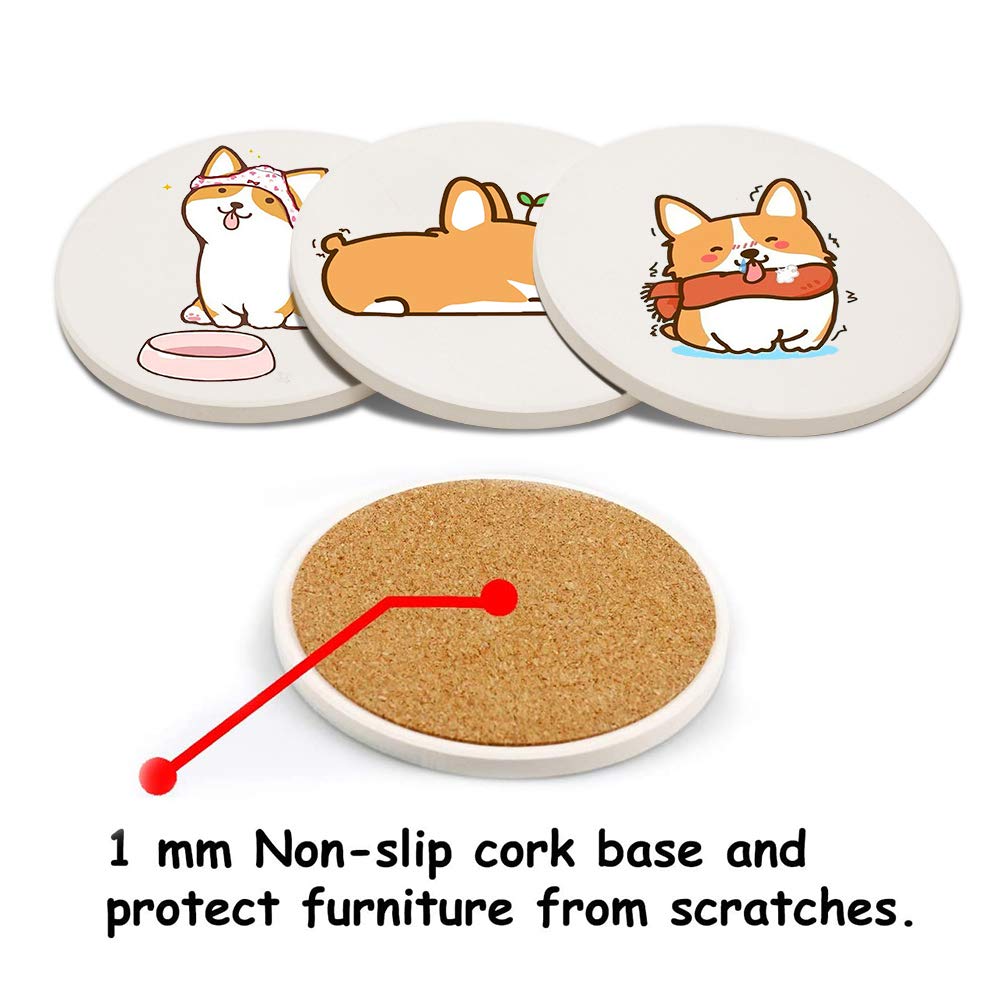 MAYCARI Cute Corgi Coasters Set of 4 with Cork Base Protection - Image 4
