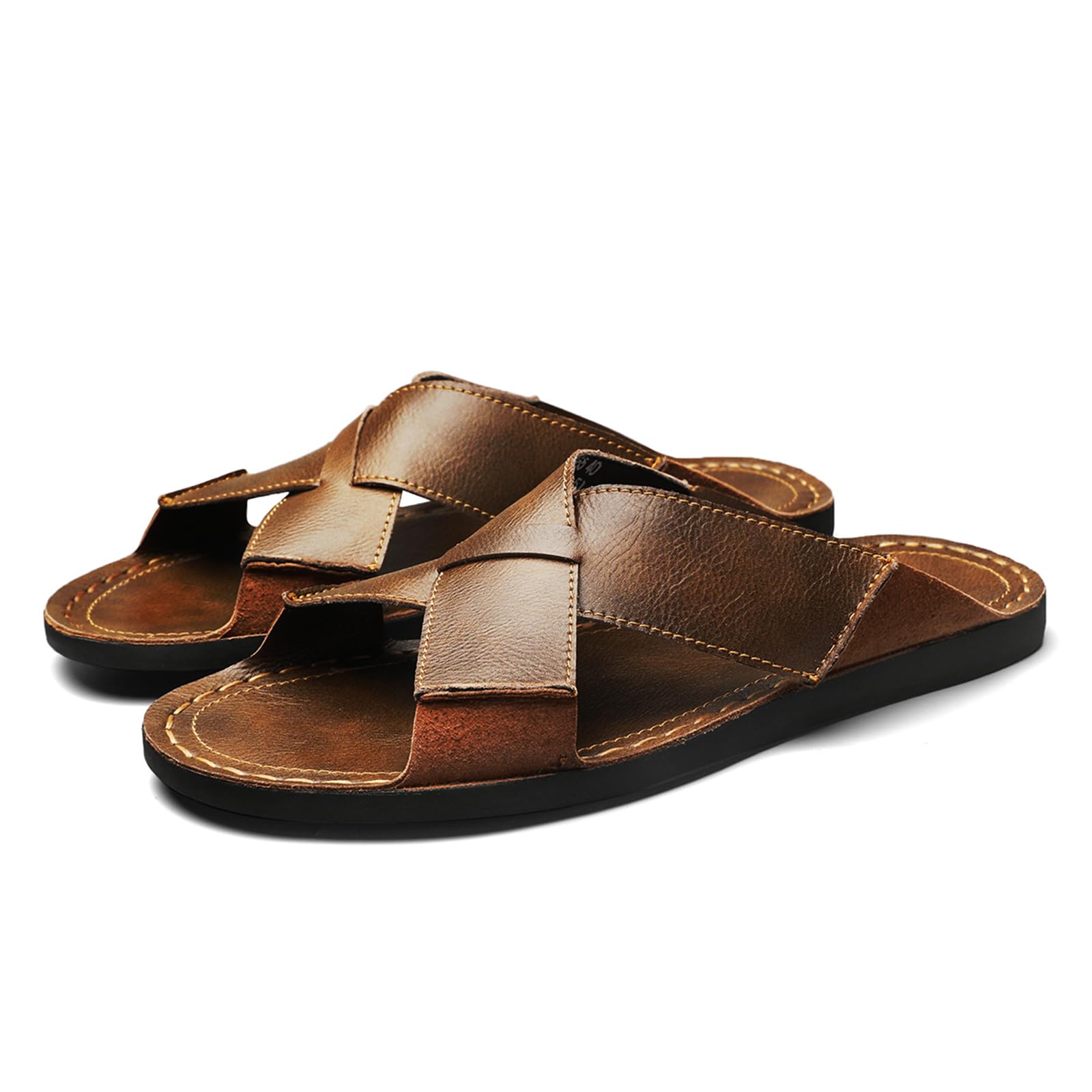 Sandalias de piel auténtica para hombre, cómodas, ligeras, abiertas, redondas, sin cordones, para exteriores, caminar, sandalias casuales de playa