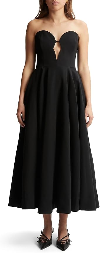 BARDOT Opal Volume Midi Dress for Women - Black Strapless Cocktail Party Dress with Boning & Full Skirt