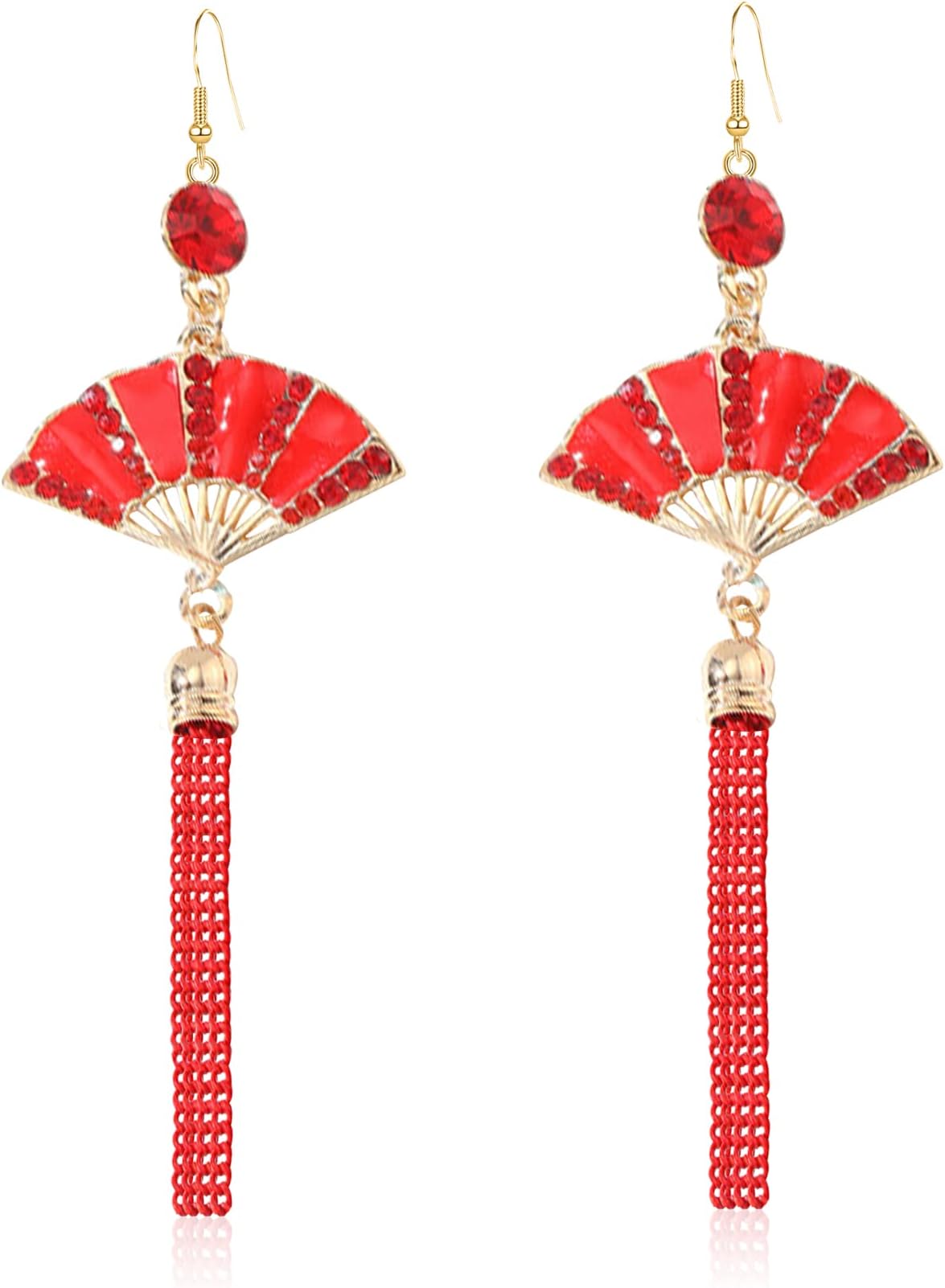 Red Fan Tassel Earrings Chinese for Women Japanese Ethnic Drop Cloud Aesthetic Hanging Dangle Jewelry Stud Earrings