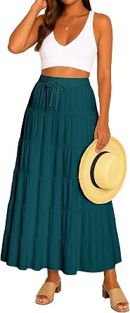 Moomaya Womens Solid Cotton Maxi Skirt with Pockets | Tiered 40-Inch Long Skirt | Elastic Waist Resort Wear | Summer Outfit